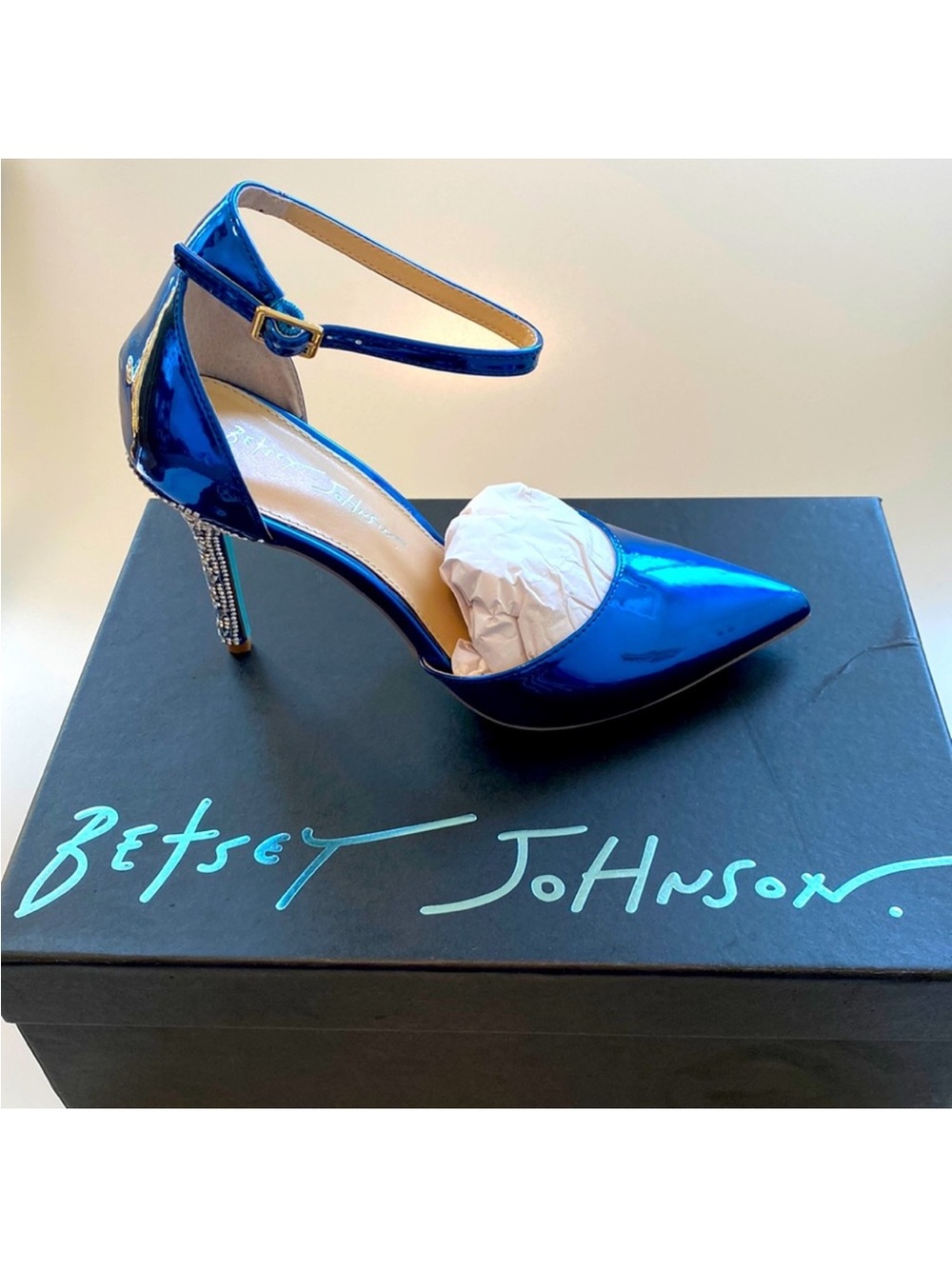Betsey Johnson Metallic Blue Patent Ankle-Strap Pointed Pump with Crystal Heel